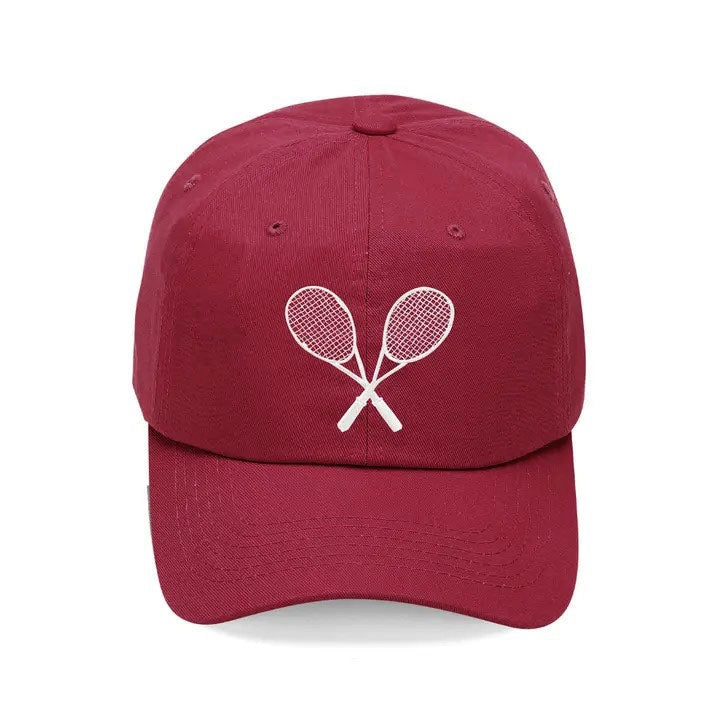 Maroon cotton hat with tennis rackets embroidered in white
