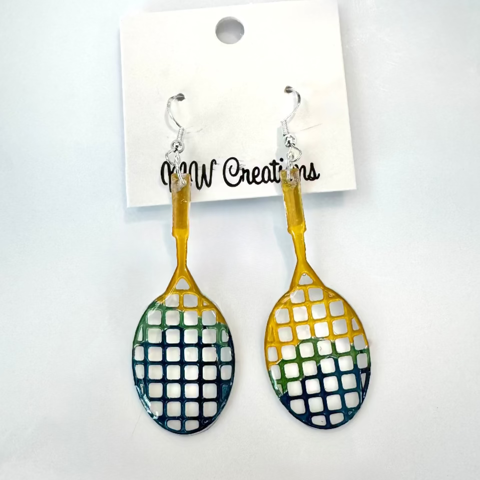 Yellow, green and navy colorful resin hand made tennis racket earrings