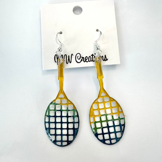 Yellow, green and navy colorful resin hand made tennis racket earrings