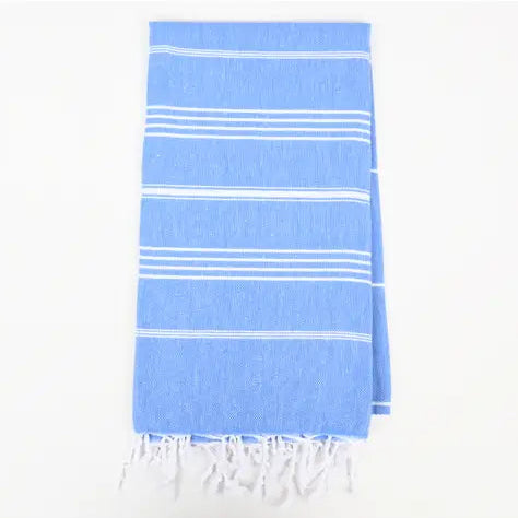 Blue turkish towel with white stripes.