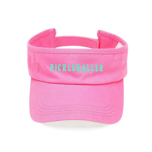 Pink visor with embroidered words 'Pickleballer'  on the front in aqua blue
