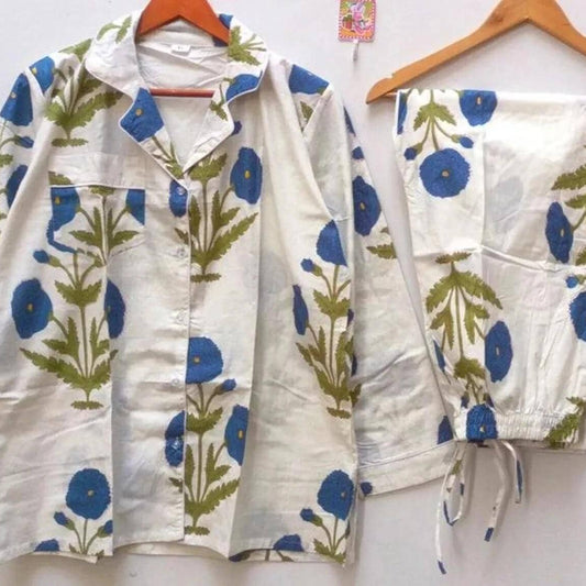 Pajamas set for women, white with blude flower block print