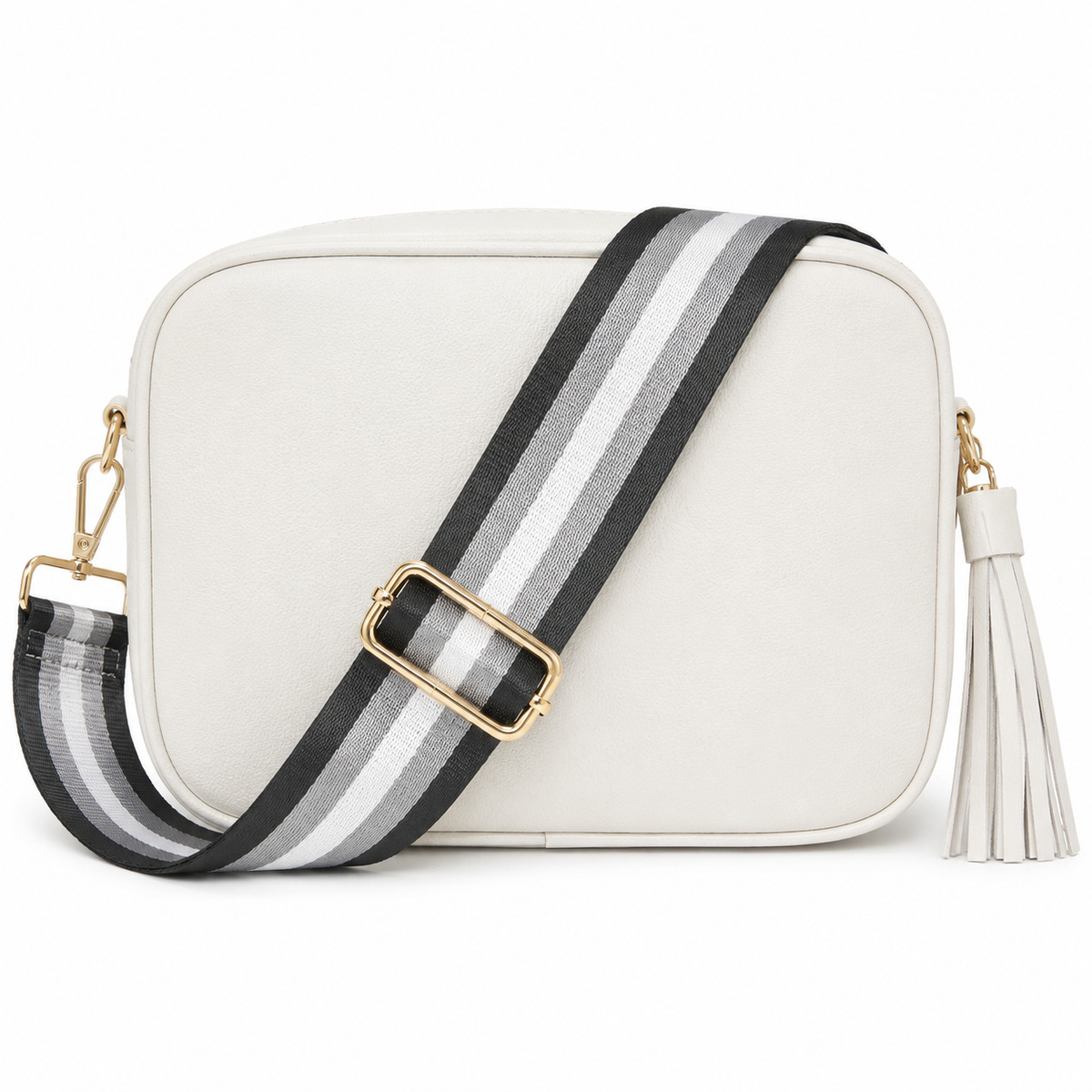 White camera bag purse with dark greay striped strap