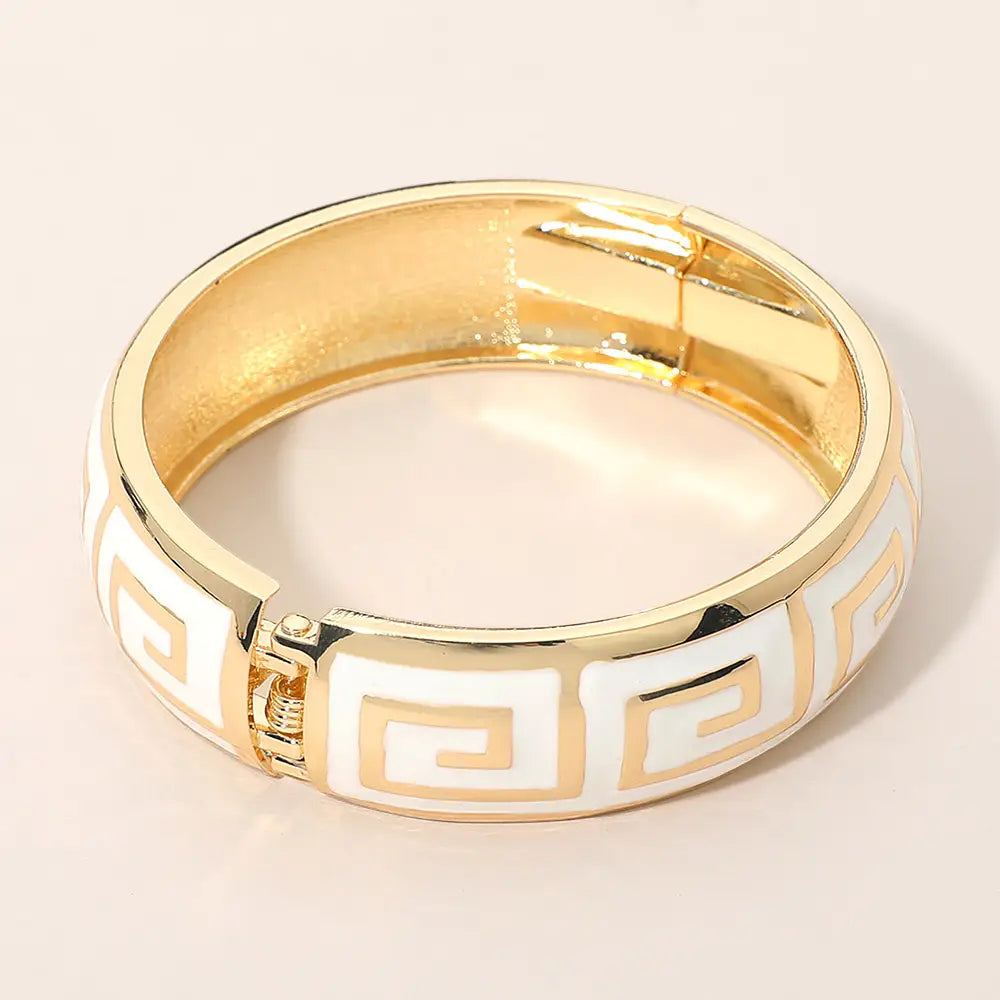Geometric Pattern Hinged Bangle Bracelet - White
