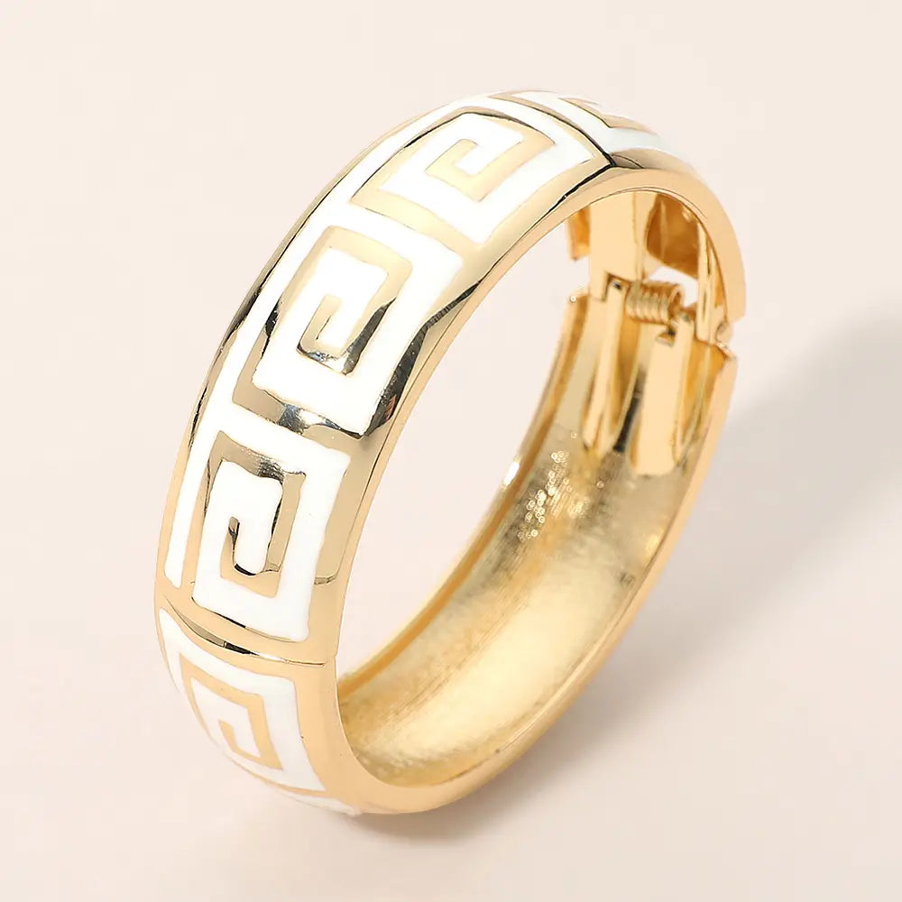 Geometric Pattern Hinged Bangle Bracelet - White