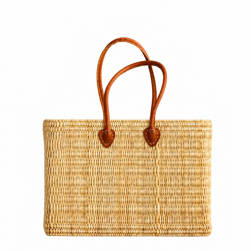 woven market bag with long leather handles