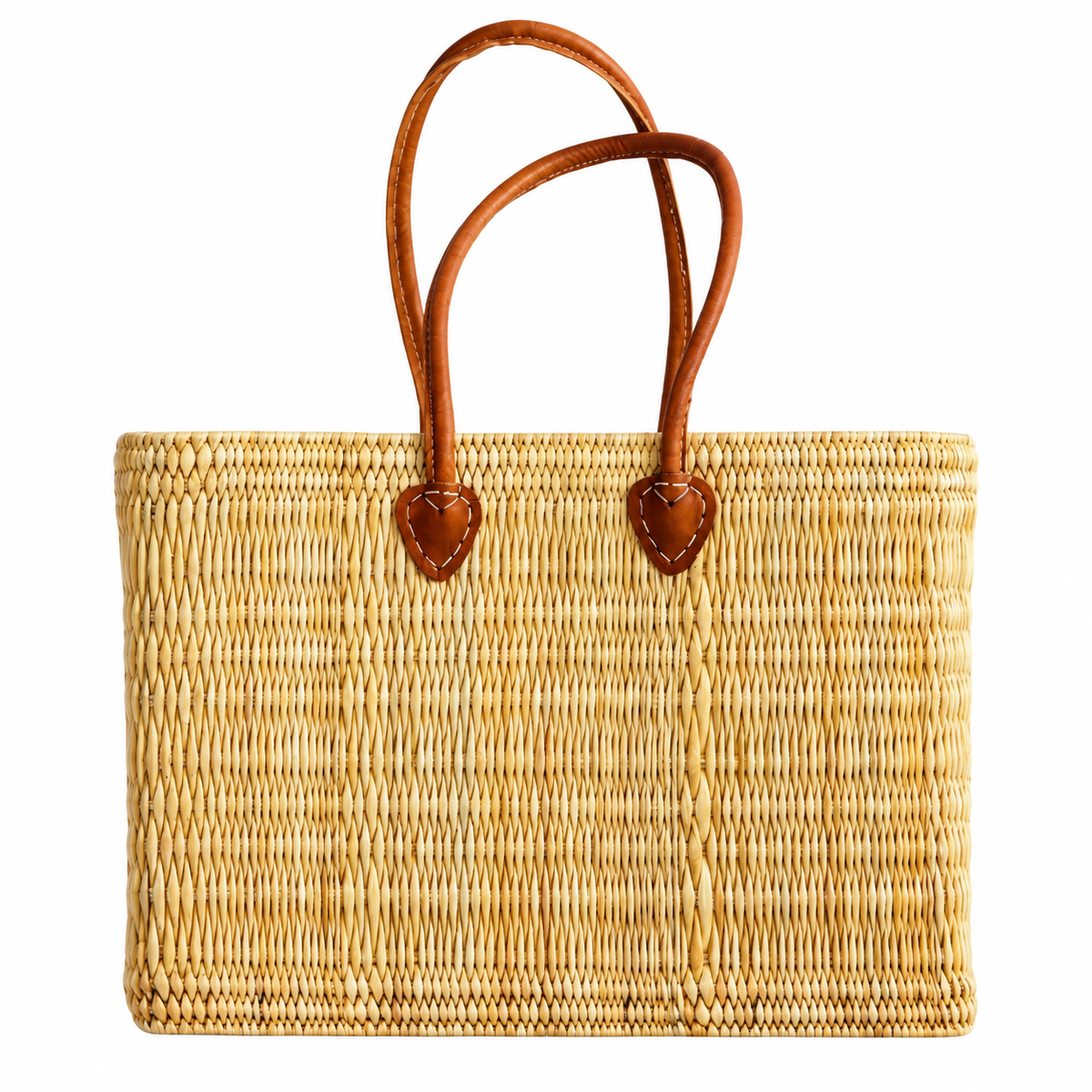 woven market bag with long leather handles