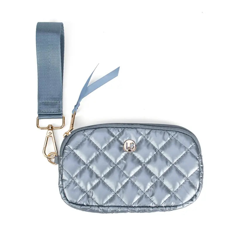 Phone-sized wristlet wallet in light blue color called frosted sky